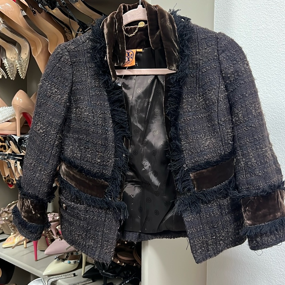 TORY BURCH THE IMERA TWEED VELVET JACKET  BLAZER IN CHOCOLATE BROWN